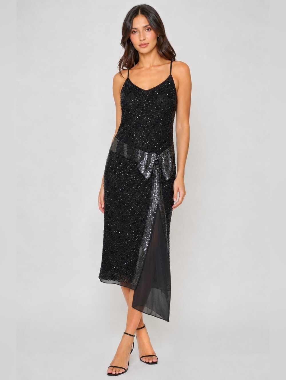 Frank Usher Vintage Beaded Silk Dress Drop Waist Sequin Black Tie Mid Maxi LBD